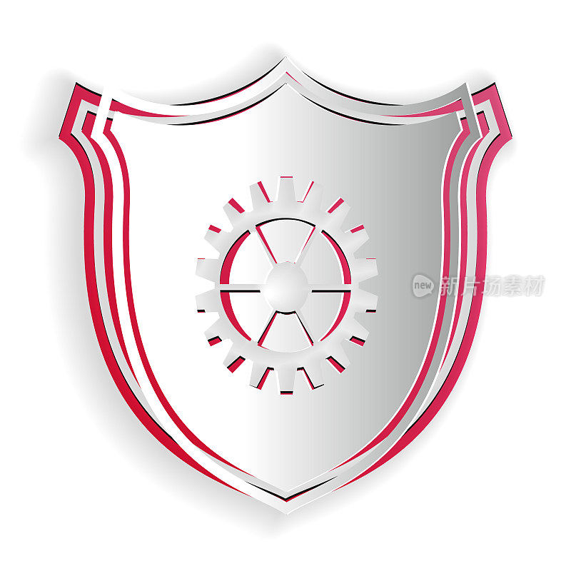 Paper cut Shield with gear icon isolated on white background. Paper art style. Vector
